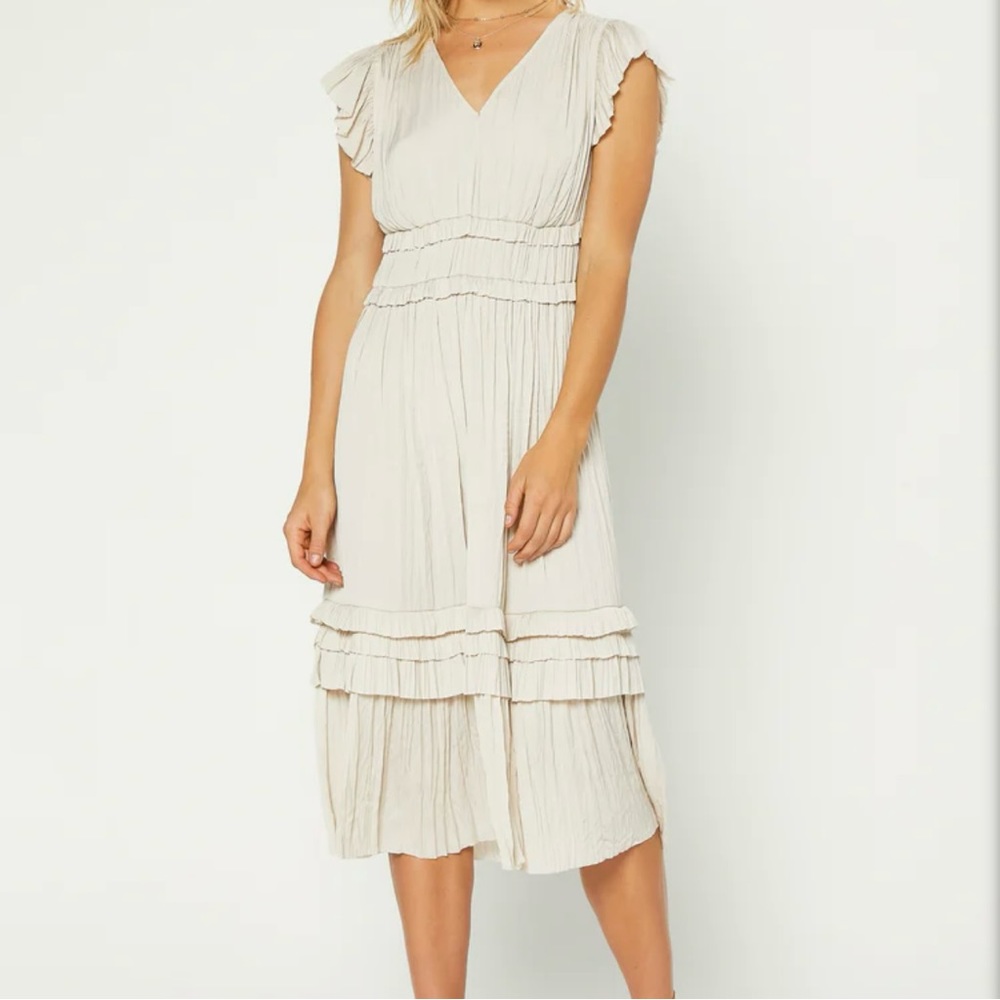 Current Air V-Neck Cap Sleeve Midi Dress Allover Pleating Relaxed Fit Ecru Sz L